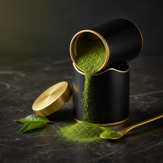 Loose matcha powder spilling from a matte black luxury canister with gold rim on dark marble surface