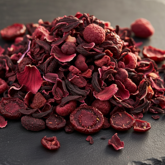 Loose hibiscus berry tea blend with dried hibiscus petals, cranberries, and raspberries on dark slate