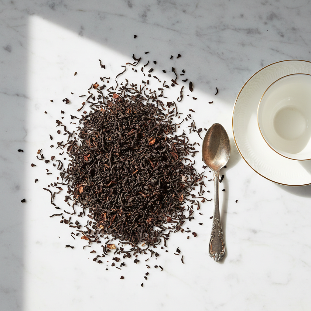 Overhead flat lay of loose-leaf English Breakfast tea on white marble with a vintage silver spoon and teacup