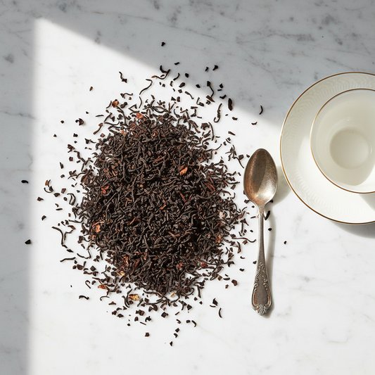 Overhead flat lay of loose-leaf English Breakfast tea on white marble with a vintage silver spoon and teacup