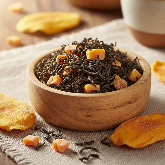 Loose-leaf mango tea in wooden bowl