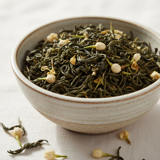 Loose-leaf jasmine tea with dried jasmine flowers and green tea leaves in a small ceramic bowl