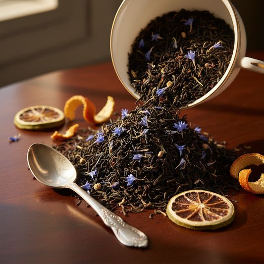 Loose Earl Grey tea leaves with dried cornflower petals, orange peel, and bergamot slices