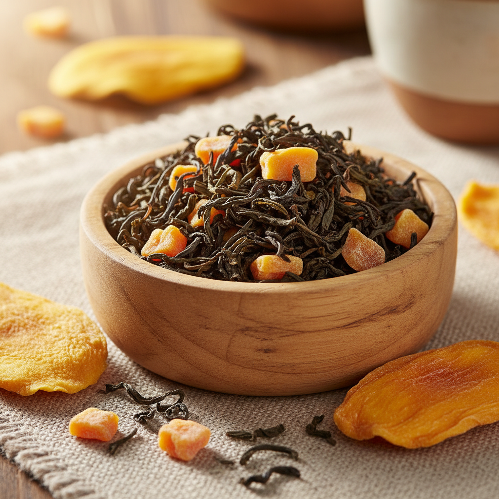 Loose-leaf mango tea in wooden bowl